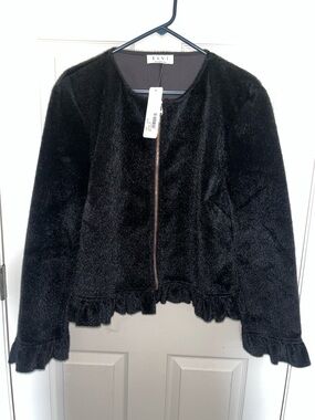 Elvi Black Faux Fur Zip-Front Ruffle Hem Jacket